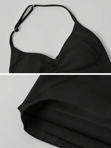 NcmRyu 1pc Women's Halter Neck Elastic Ribbed Ruched Sports Camisole - Black - View 4