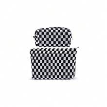 ZLFSRQ 2Pcs Checkered Makeup Bag For Women Large Small Checkered Cosmetic Bag Set Aesthetic Preppy Pencil Case Cute Pencil Pouch Black Makeup Pouch For Purse Travel Toiletry Bags Zipper Skincare Bags - B-格子2件裝混黑色 - 查看 1
