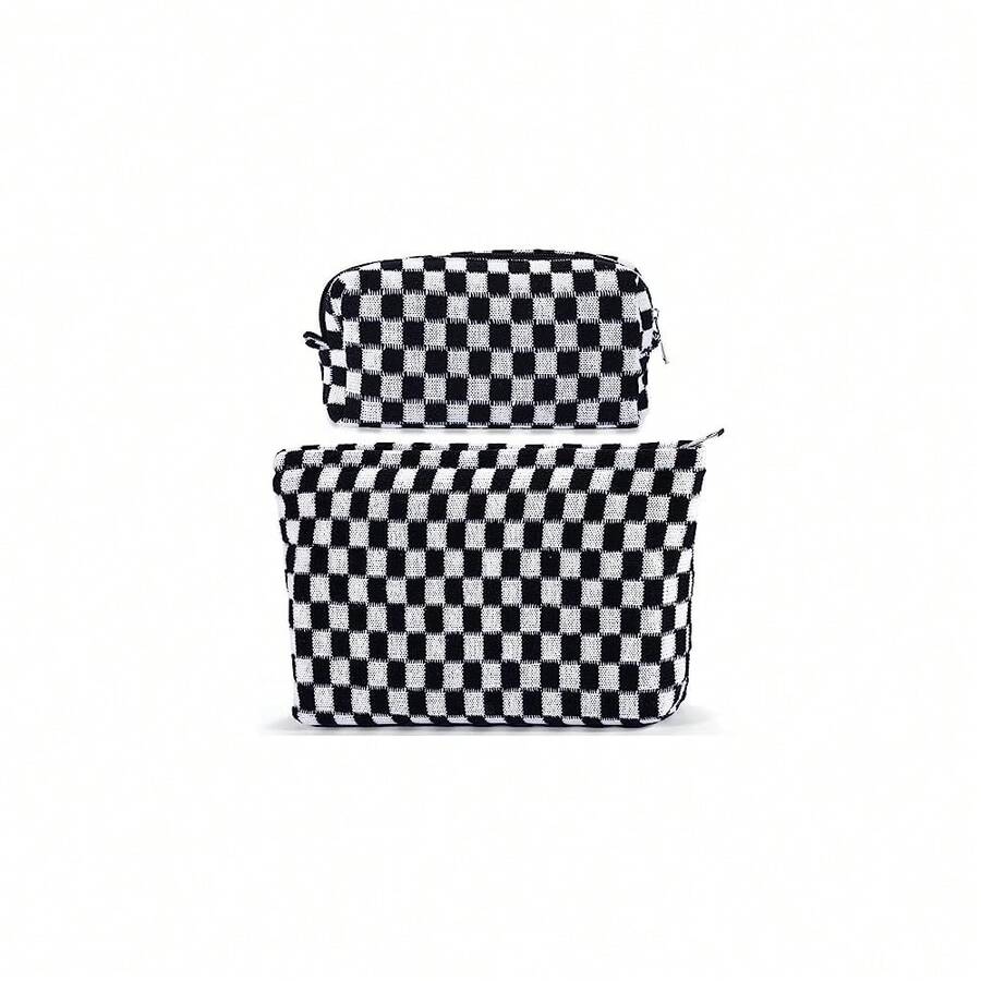 ZLFSRQ 2Pcs Checkered Makeup Bag For Women Large Small Checkered Cosmetic Bag Set Aesthetic Preppy Pencil Case Cute Pencil Pouch Black Makeup Pouch For Purse Travel Toiletry Bags Zipper Skincare Bags - B-格子2件裝混黑色 - 查看 1