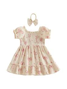 Vestido con estampado de lazo para niña pequeña: manga corta con volantes y diadema con lazo para uso informal de verano para fiestas o fotos. - Caqui - Ver 9