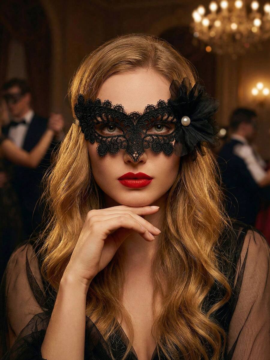 1件装女士蕾丝舞会面具，性感复古黑白串珠花卉镂空波浪边半脸面具，系带眼罩，适合所有季节 - 彩色 - 查看 1