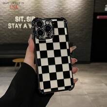 Black Checkered Pattern Four-Corner Drop-Proof TPU Phone Case For IPhone 16 15 14 Pro Max 13 12 11 X/XS Plus Shockproof Full Camera Protection Durable Slim Silicone Case Mobile Phone Case,Suitable For IPhone17 Air - 銀色 - 查看 1