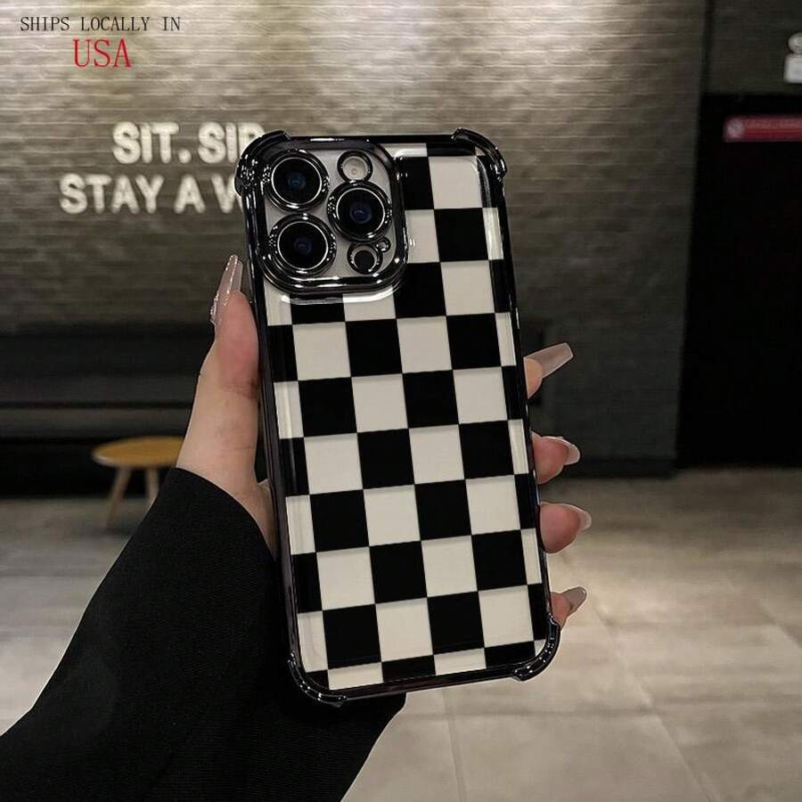 Black Checkered Pattern Four-Corner Drop-Proof TPU Phone Case For IPhone 16 15 14 Pro Max 13 12 11 X/XS Plus Shockproof Full Camera Protection Durable Slim Silicone Case Mobile Phone Case,Suitable For IPhone17 Air - 銀色 - 查看 1
