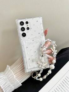 Starry Painted Transparent Card Holder Soft Silicone Full Body Protective Phone Case With Beaded Bracelet Accessory, Compatible With IPhone 17pro/17Air /17/17promax16/11/16pro/16plus/16promax/16e/15Promax/13/14/12/XS/XR/7G/8P, Galaxy, Redmi - Multicolor - View 1