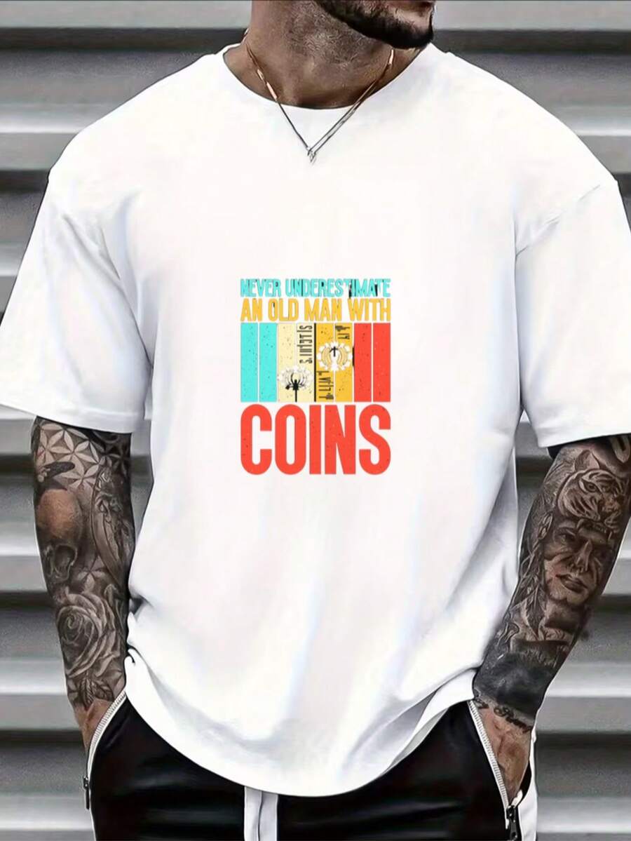 Essential White Cotton T-Shirt For Men With Multicolored Pattern Design And Motivational Text - White - View 1