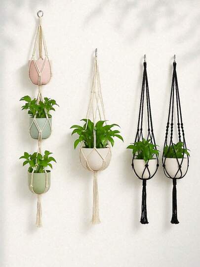 2pcs Handmade Boho Style Woven Plant Hanging Basket - 3-Tier Suspended Planter Set With Wooden Beads, Adjustable Length, Suitable For Indoor/Outdoor Use, Lightweight Planter Holder For Balcony, Fence And Patio Decor, Great For Succulents, Pothos And Air Plants, Essential For Apartment Gardening, Perfect For Spring Home Refresh, Mother's Day Garden Gift, Housewarming Plant Decor, Ideal For Urban Jungle Enthusiasts, Fits Various Pot Sizes