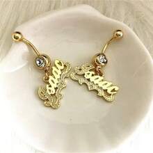 Custom Flower Navel Piercing, Engraved Letter Shiny Navel Rings, Holiday Gifts,Colorful,Vintage,Simple,Unisex,Casual,Ideal Gifts For Her,Her,Boyfriend - Gold - View 5