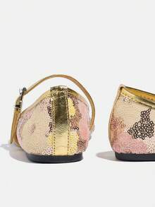 Zapatos Mary Jane planos con lentejuelas y hebilla de oro, de moda y talla grande para mujeres. Diseño floral calado, cómodos para ir al trabajo y de vacaciones. Nuevos para el verano - Dorado - Ver 9