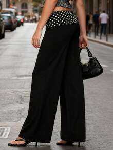 Women Y2K Loose Pants Polka Dot Waistband Low Waist Wide Leg Trousers for Daily Casual - Negro - Ver 6