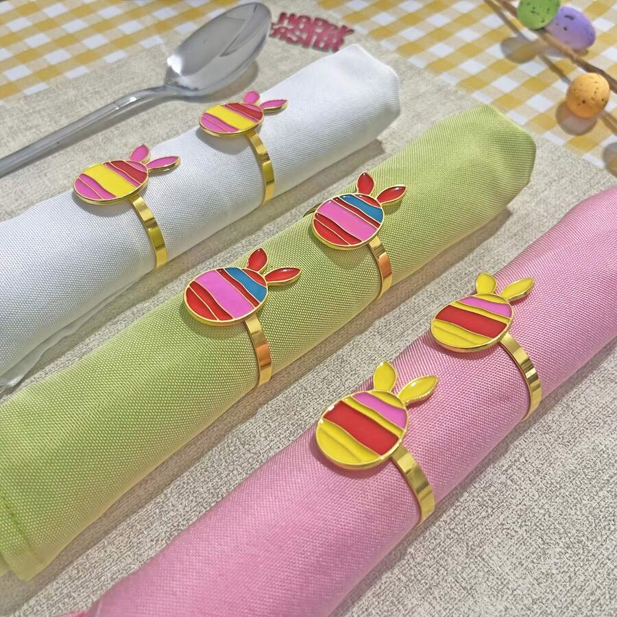 6个/套“复活节”彩蛋餐巾环，复活节酒店餐桌装饰，家庭聚会氛围装饰 - 彩色 - 查看 1