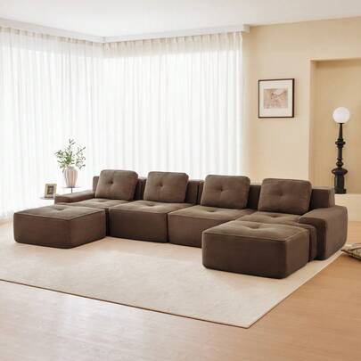 Boneless Sofas Für Wohnzimmer, Modulares Sofa Mit U-Förmiger Chaiselongue, 4-Sitzer Bequem Polstertes Tiefsitz Corduroy-Cloud-Sofa, Montagefreies Sofa, Rutschfestes Design, Beige