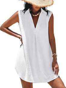 女士无袖泳衣罩衫，V领泳衣罩衫，夏季泳装，比基尼沙滩裙 - 白色 - 查看 5