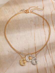 1pc Men's Fashion Minimalist Unique Design Cubic Zirconia Moon & Sun Pendant Necklace, Versatile Men Jewelry - Multicolor - View 2