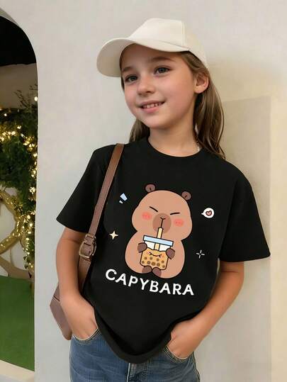 Tween Girl Minimalist Print Round Neck Short Sleeve T-Shirt