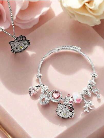 一套项链+手链，可爱卡通主题首饰套装，锌合金手链镶嵌闪亮水晶，时尚配饰，包含项链和手链，适合日常佩戴和送礼，尤其适合情人节。
