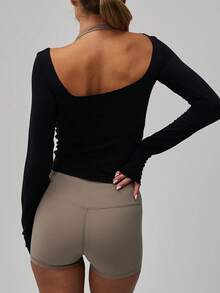 Womens Off The Shoulder Workout Tops Y2k Transparent  Long Sleeve See Through Going Out Crop Top Basic Active Streetwear Gym Shirts - 黑色 - 查看 9