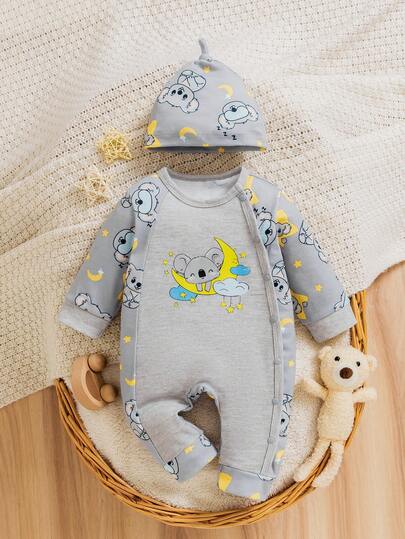 0-9 Months Newborn Baby Boy Cute Koala Print Long Sleeve Romper, Suitable For Daily Wear With Hat And Accessories