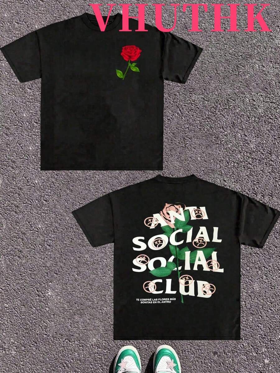 VHUTHK (180 Cotton T-Shirt)Y2K With Anti Social Club: Red Rose Print Men's Summer Round Neck Short Sleeved Casual Cotton Print - màu đen - Xem 1