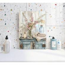 Arte de pared en lienzo azul para baño, decoración de pared de imagen de casa de campo rústica, pintura de flores silvestres rosadas para lavandería, pósteres impresos, obras de arte para decoración del baño - transparente - Ver 3