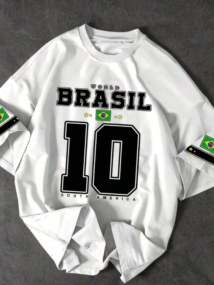 HAFIME Men's Casual Printed T-Shirt World Brazil 10 Shirt 100% Cotton 30.1 Premium Copa Brasil Fans Football Supporters - 白色 - 查看 1
