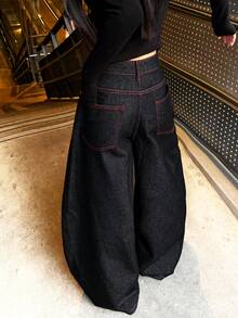 1件装女士复古日系街头风刺绣筒状宽松舒适阔腿牛仔裤，四季皆宜（不含腰带/配饰）休闲黑色春季款 - 黑色 - 查看 9