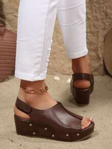 女士夏季坡跟露趾透气凉拖鞋 - 棕色 - 查看 5