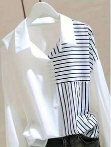 女士宽松条纹拼布白色衬衫，独特的休闲风格，专为春秋季节设计