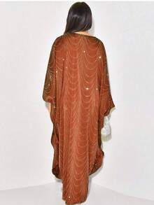 Nuevo cardigan tipo abaya con decoración de rhinestones, estilo suelto, para mujeres de Oriente Medio, Primavera/Verano 2025 - Rojo anaranjado - Ver 4