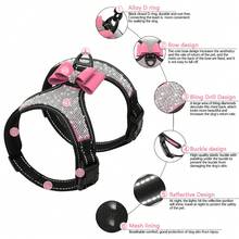 1pc Reflective Pink Korean Plush Rhinestone Dog Harness, Adjustable Size, Breathable, Red & Black Color - Pink - View 7