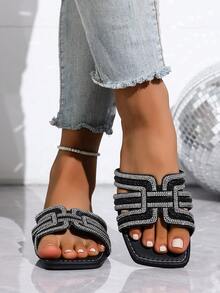 Dép lê nữ mũi vuông đính đá, sandal đế bằng da PU kiểu bohemian gợi cảm, thích hợp mặc ở nhà mùa hè. - màu đen - Xem 6