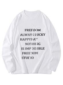 1pc Women's Casual Loose Cotton T-Shirt, Sweet Bow & English Print Pattern, Round Neck Top For Daily Wear, Spring/Autumn - White - View 5