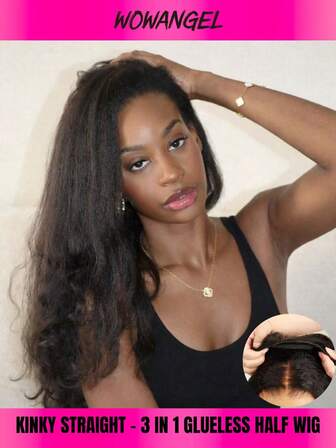 WOWANGEL Peluca media de cabello humano de 20 pulgadas con densidad de 200, cabello liso rizado de tipo yaki 3 en 1 sin costuras para , sin pegamento, fácil de usar, peluca media rizada con diadema con cordón