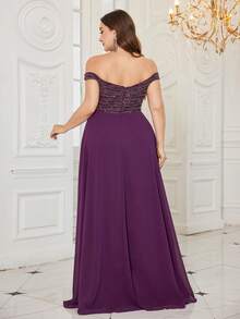 Đầm dạ hội SUPGIR dành cho nữ, kiểu dáng thanh lịch, cổ chữ V, trễ vai, đính sequin và hạt cườm, xẻ tà, chất liệu chiffon. - Màu tím - Xem 2
