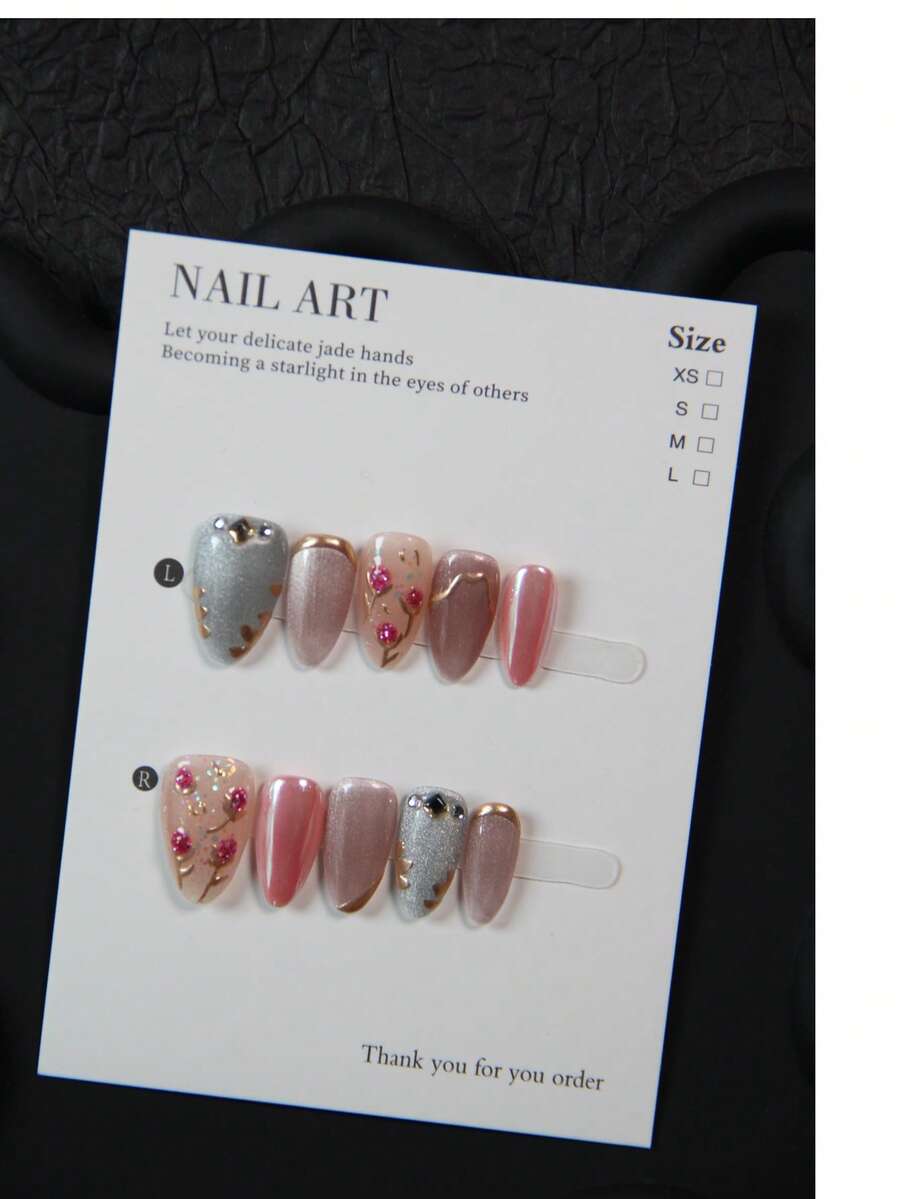 10片手工杏仁形美甲贴纸，亚克力短指甲贴片，镶嵌水钻，适合所有季节和场合，优雅精致的手工假指甲，适合女孩和女士美甲用品 - 彩色 - 查看 1