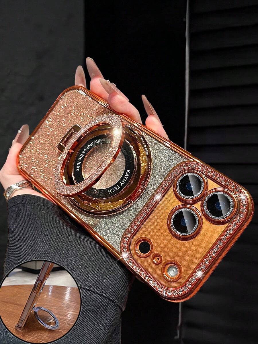 Luxury Electroplated Starry Sky Orange Phone Case With Foldable Stand, Soft Protective Cover With 4 Air Cushions [Anti-Fall & Shock-Proof], High-Quality Durable, Sparkling Rhinestone Design, Compatible With IPhone 17/16/16e/15/14/13/12/11/X/XS/XR/SE 2020/2022 - Pro Max Plus Mini Air