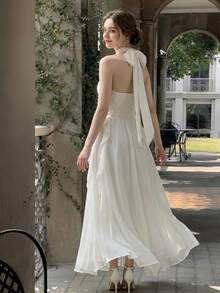 Women's Solid Color 3D Floral Decor Ruffle Trim Halter Backless Maxi Dress - Apricot - View 2