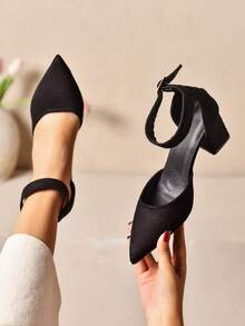 Women's Black Suede Pointed Toe Chunky Heel Ankle Strap Sandals - Black - View 7