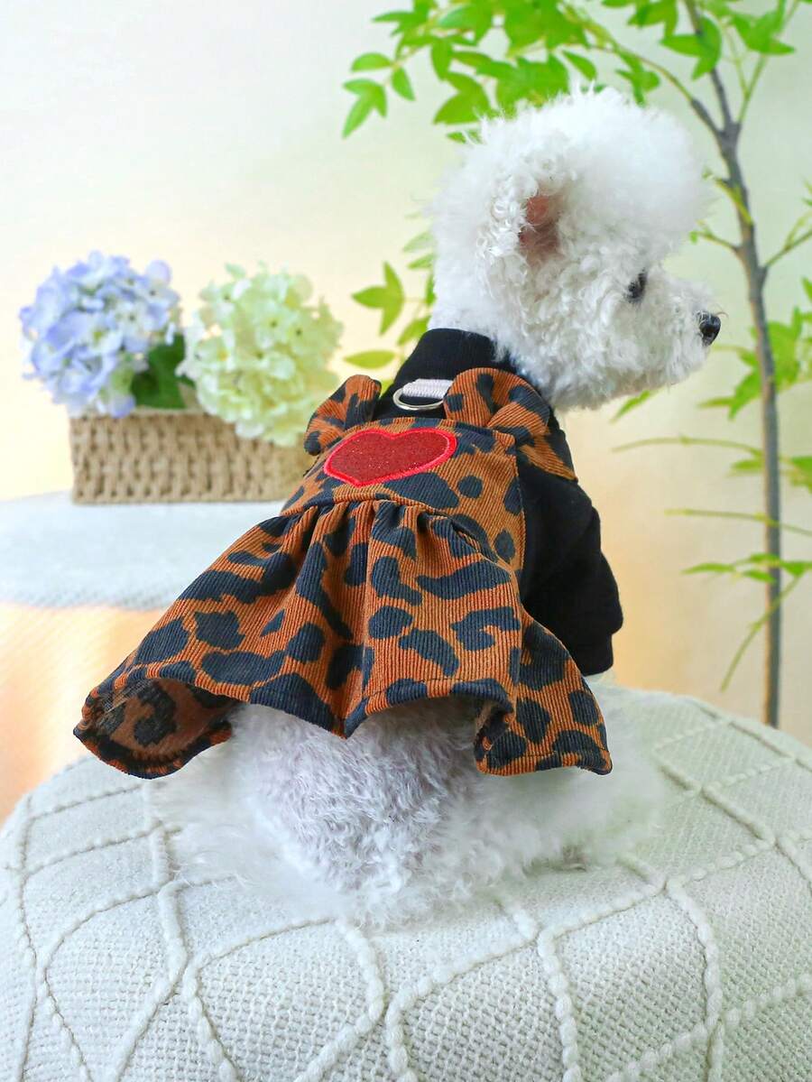 1pc Pet Clothes, Dog Cat Apparel, Happy Puppy Small Dog Casual Fashion Cute Warm Leopard Print Matching Dress - Multicolor - View 1