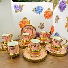 1/6 套奢华金边阿拉伯风格陶瓷咖啡杯碟套装，90毫升/3.04盎司，适用于卡布奇诺、拿铁、摩卡、双份浓缩咖啡，优雅家居装饰，适用于办公室、厨房，斋月、情人节、毕业礼物，男女通用餐具套装 - 彩色 - 查看 4