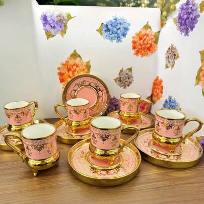 1/6 Set Luxury Gold-Rimmed Arabic Style Ceramic Coffee Cup & Saucer Set, 90ml/3.04oz, Suitable For Cappuccino, Latte, Mocha, Double Espresso, Elegant Home Decor, Office, Kitchen, Ramadan, Valentine's Day, Graduation Gift, Unisex Dinnerware Set