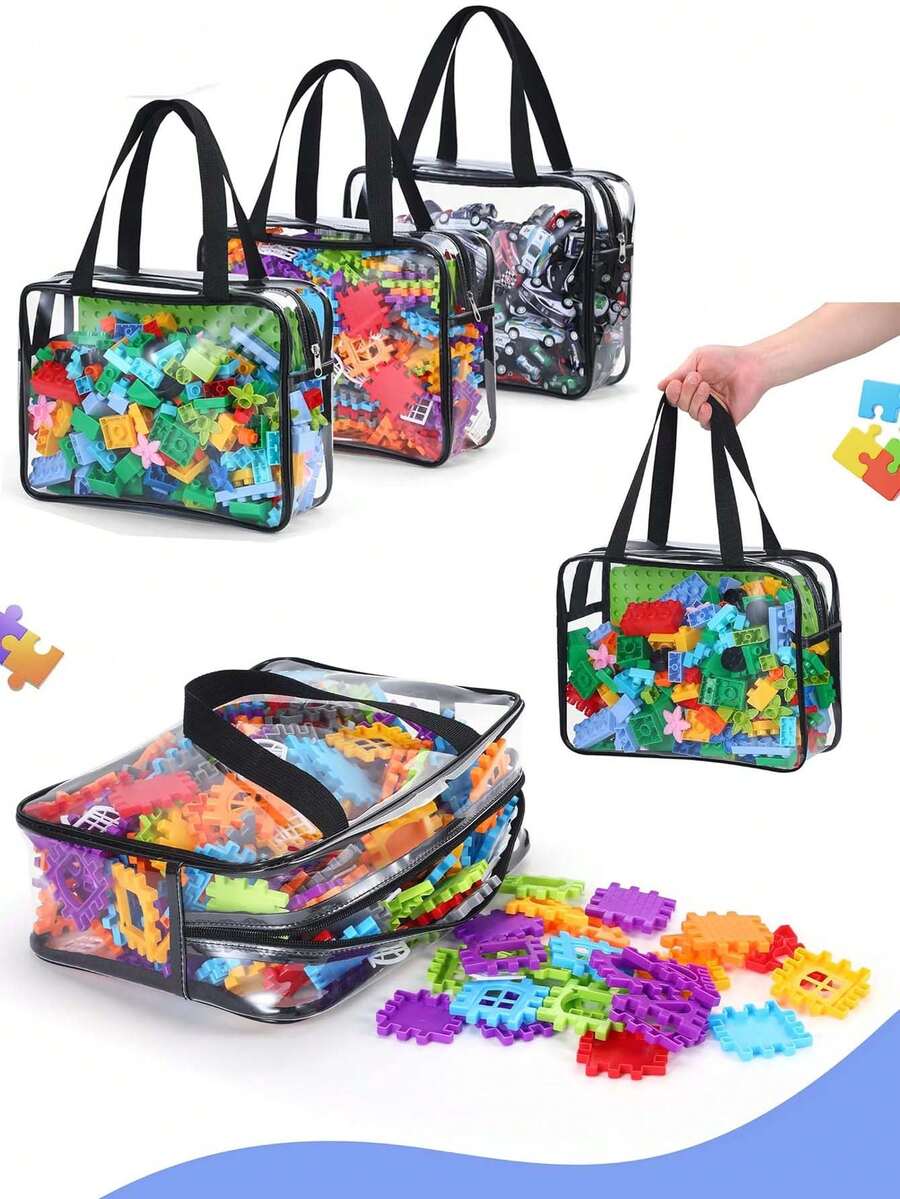 Bộ 6 túi đựng đồ dung tích lớn, túi tote PVC trong suốt chống thấm nước, túi đựng đồ chơi và vật dụng có khóa kéo, túi đựng đồ du lịch tái sử dụng cho trẻ em dùng để đựng trò chơi board game, khối xếp hình và xếp hình ghép hình, màu đen. - Nhiều màu - Xem 1