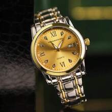 1pc CILOA Business Wrist Watch, Gold-Tone Metal Band + Roman Numeral Dial With Diamonds, Men's Quartz Watch For Casual & Daily Wear