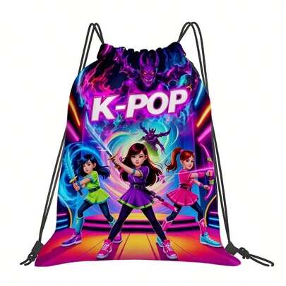1个K-Pop动漫图案印花抽绳背包 - 色彩鲜艳的人物设计，耐用的牛津布面料，带多个口袋，方便健身、瑜伽和旅行