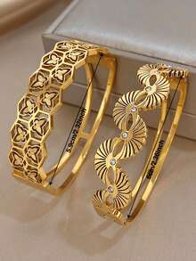 Conjunto de Pulseiras Bangle de Aço Inoxidável Folheado a Ouro 18K com Corte Geométrico, Borboleta e Leque de Zircônia, Estilo Vintage Retrô, para Mulheres, Dia dos Namorados, Festa, Gala, Uso Diário, Carnaval, Ano Novo, Casamento, Praia, Aniversário, Presente Elegante para Mãe, Joias Boho, Presente para Dama de Honra - Multicolorido - Visão 4