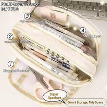 1PC Macaron-Colored Large-Capacity Pencil Case - INS-Style Stationery Bag, Portable Handheld Pouch, Multi-Functional Cosmetic Bag With Multiple Compartments For Easy Organization | Suitable For Students & Office Use, Ideal For Storing School Supplies, Cosmetics, Makeup Brushes & Household Small Parts - Multicolor - View 2