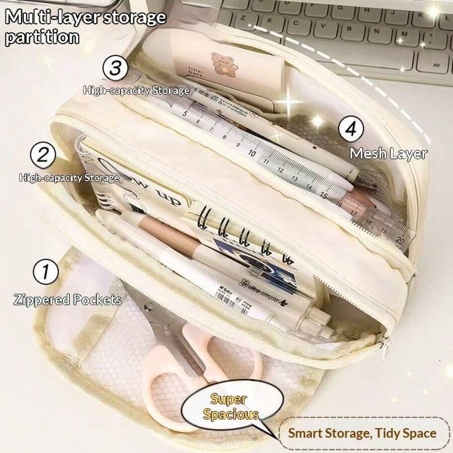 1PC Macaron-Colored Large-Capacity Pencil Case - INS-Style Stationery Bag, Portable Handheld Pouch, Multi-Functional Cosmetic Bag With Multiple Compartments For Easy Organization | Suitable For Students & Office Use, Ideal For Storing School Supplies, Cosmetics, Makeup Brushes & Household Small Parts