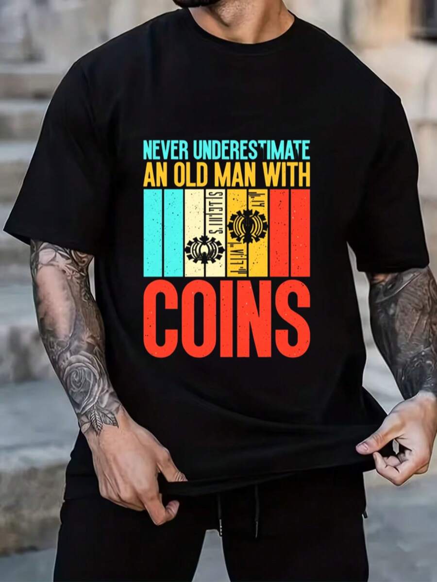 Essential White Cotton T-Shirt For Men With Multicolored Pattern Design And Motivational Text - Black - View 1