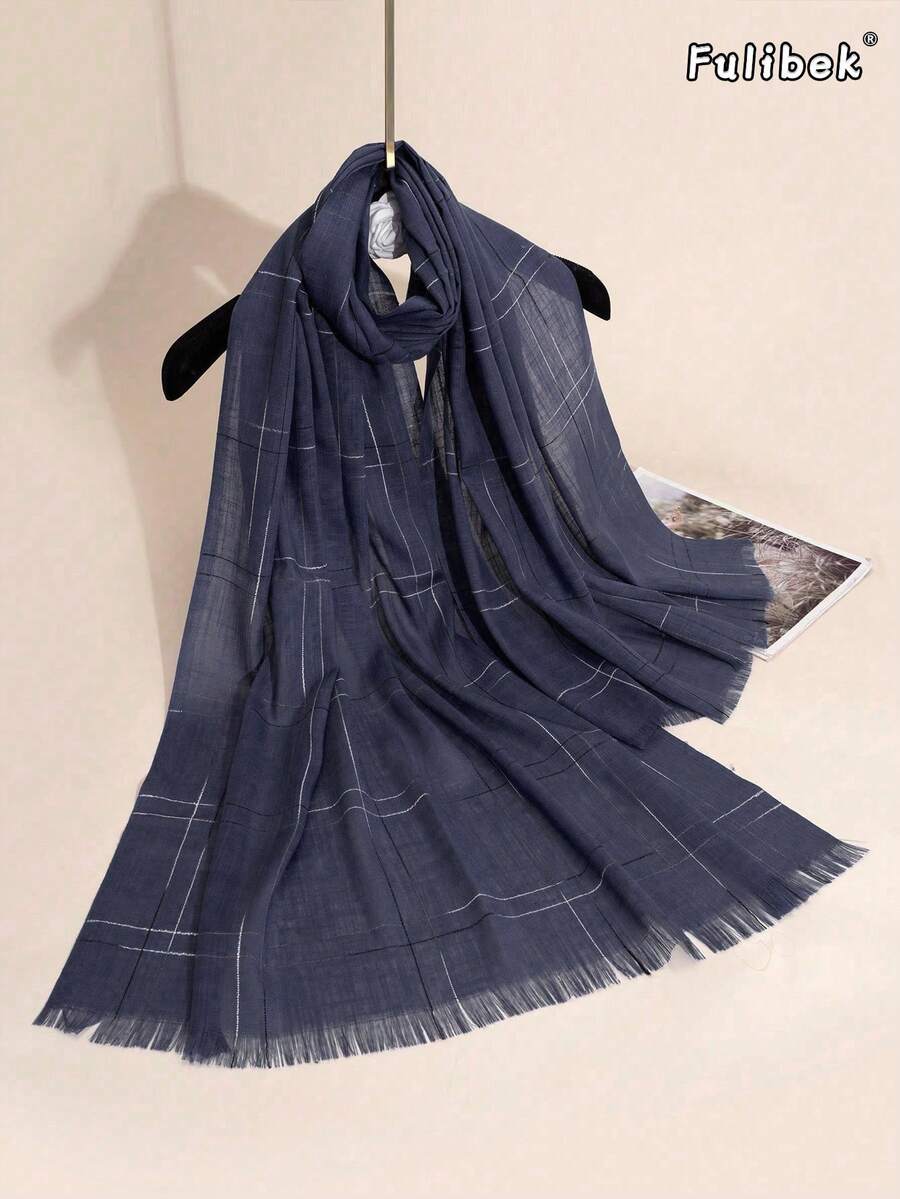 1pc Large Plaid Cotton Linen Scarf/Shawl/Headscarf - Navy - View 1