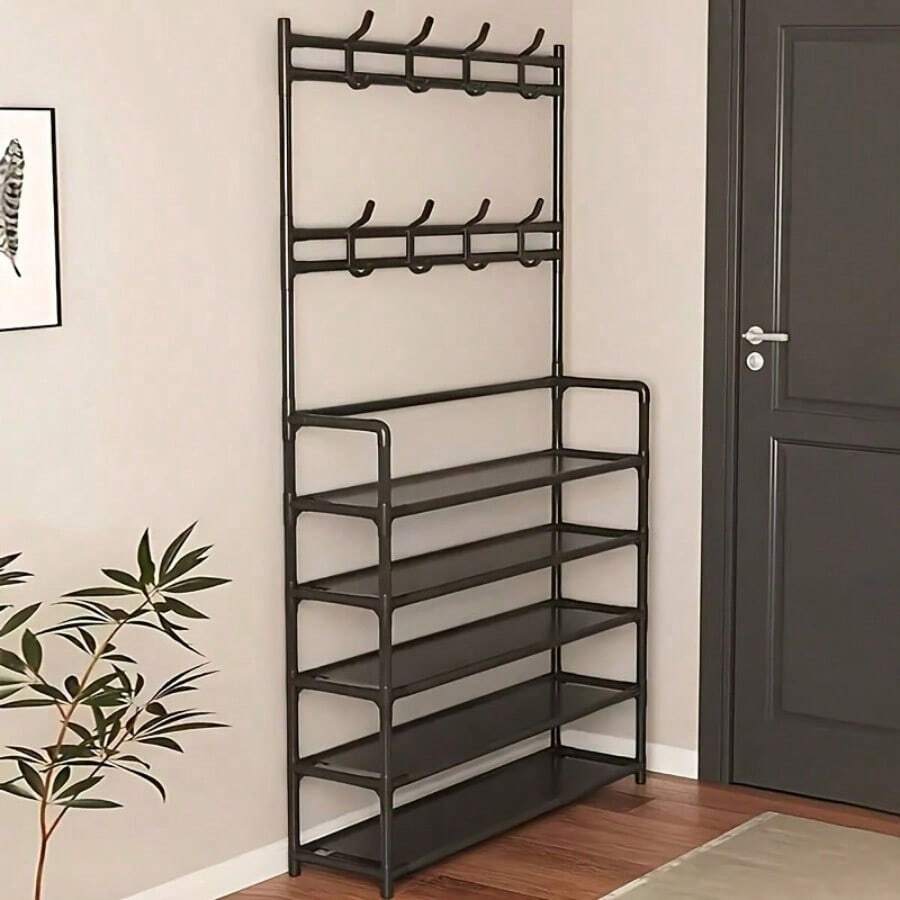 1pc Multi-Functional Iron Shoe Rack, 4/5 Tiers With 8 Hooks - Easy Assembly, Black/White Shoe Organizer Shelf