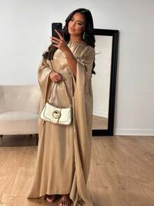 1 件女士新款时尚缎面闪亮宽松阿巴亚长袍，优雅长袖穆斯林连衣裙，适合派对、生日、端庄的长袍